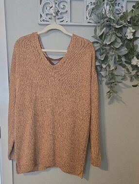 Cake Women's V-Neck Sweater in Tan Marled Knit